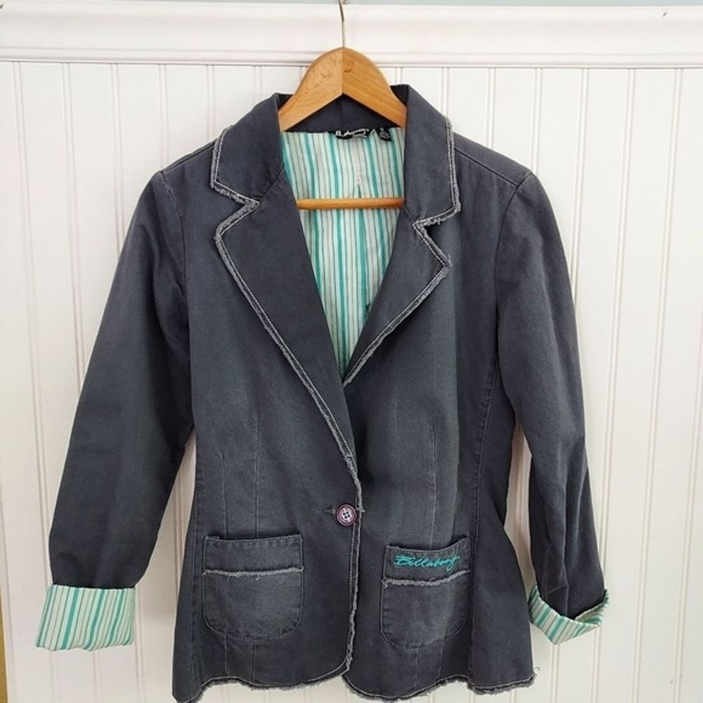 Vtg Billabong Gray Raw Edge Distressed Blazer Jacket Indie 8 Skater Surf Y2K